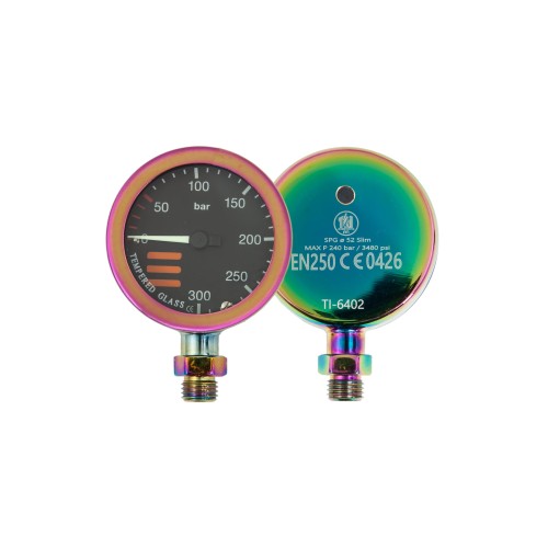 Manometr TecLine 52 mm, skala 300 bar, ciśnienie robocze 230 bar, pokrycie tęczowe PVD - głowica_ sklep nurkowy divepl.pl