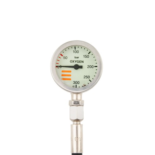 Manometr Tecline O2 52 mm, skala 300 bar, ciśnienie robocze 230 bar, wąż 15 cm, bez obudowy_sklep nurkowy divepl.pl