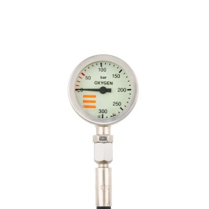 Manometr Tecline O2 52 mm, skala 300 bar, ciśnienie robocze 230 bar, nikiel, wąż 20cm, bez obudowy 